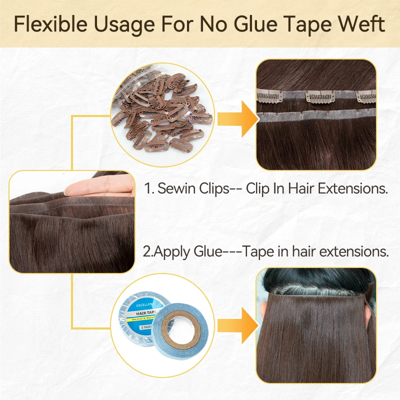 Invisible Long Tape PU Weft Human Hair Bundles Real Natural Hair Seamless & Glueless Injected Tape In Hair Extensions Thick Ends