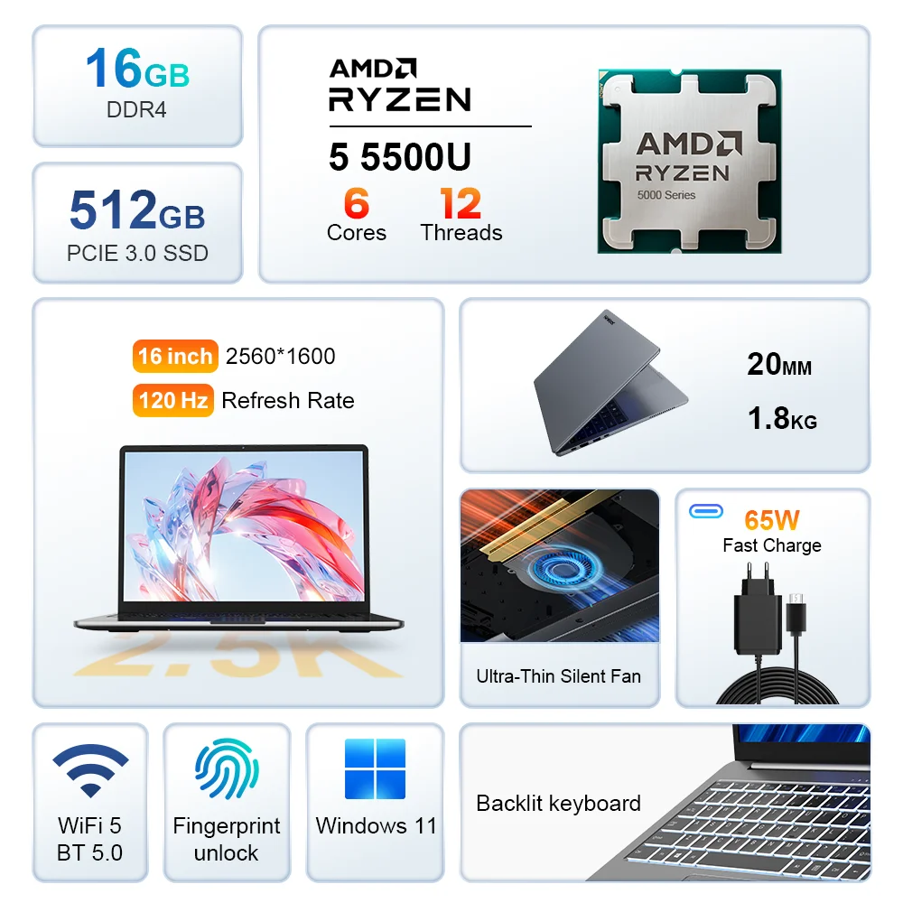 كمبيوتر محمول Ninkear A15 Pro AMD Ryzen 5 5500U 16 بوصة 120 هرتز 2560*1600 شاشة عرض 16 جيجابايت 512 جيجابايت بصمة فتح الكمبيوتر المحمول