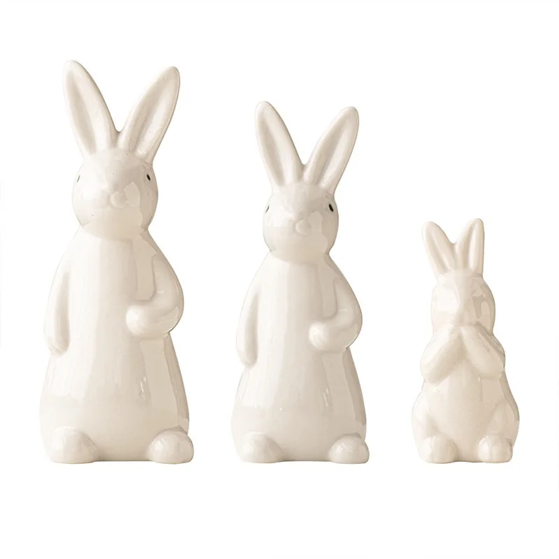 

3Pcs White Ceramic Rabbit Figurines Family Bunny Statues Minimalist Easter Decor Home Tabletop Ornament Gift for Living Room