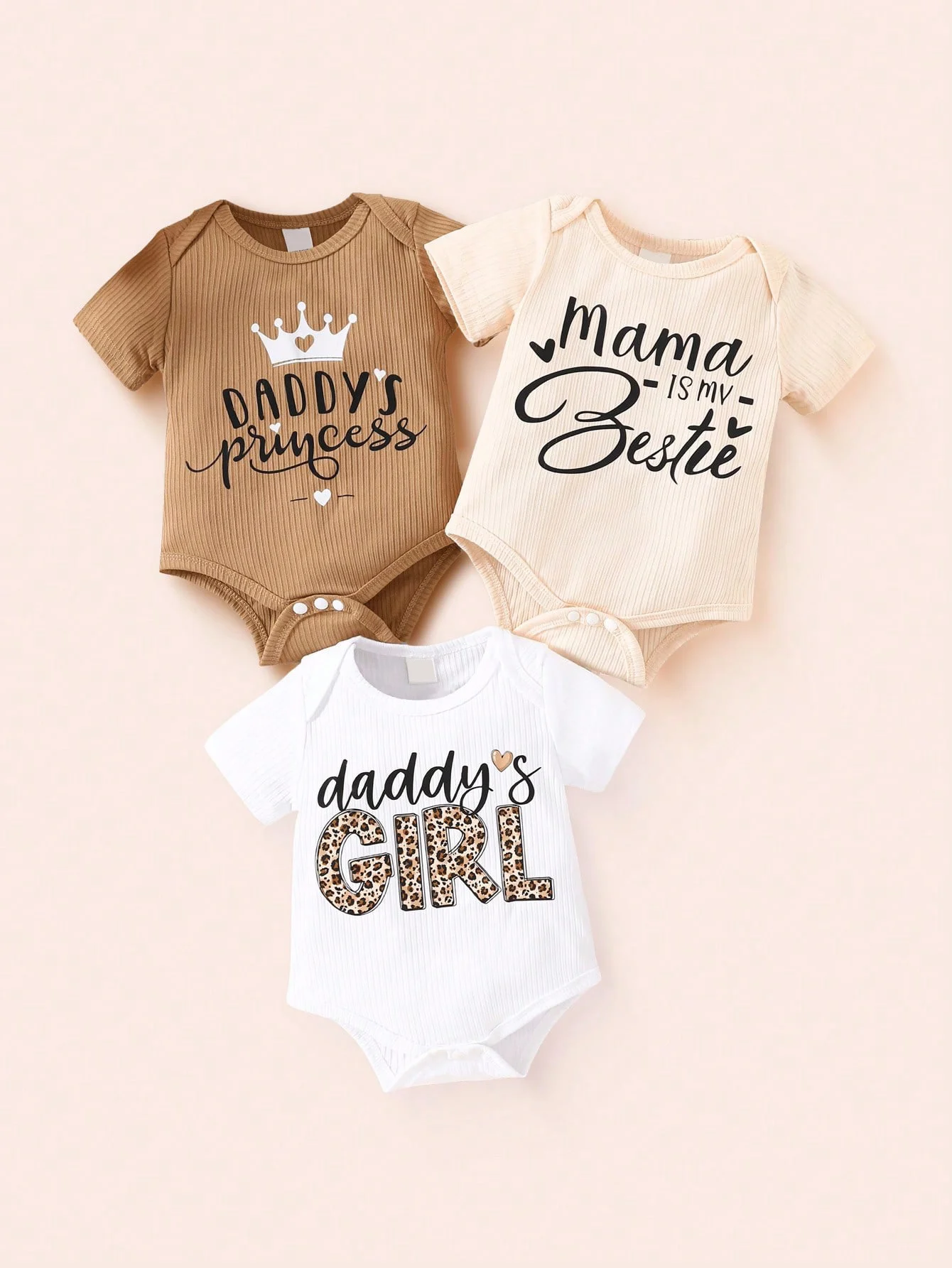 

Newborn baby girl summer cartoon printed letter pattern short sleeved shirt white apricot brown three piece set