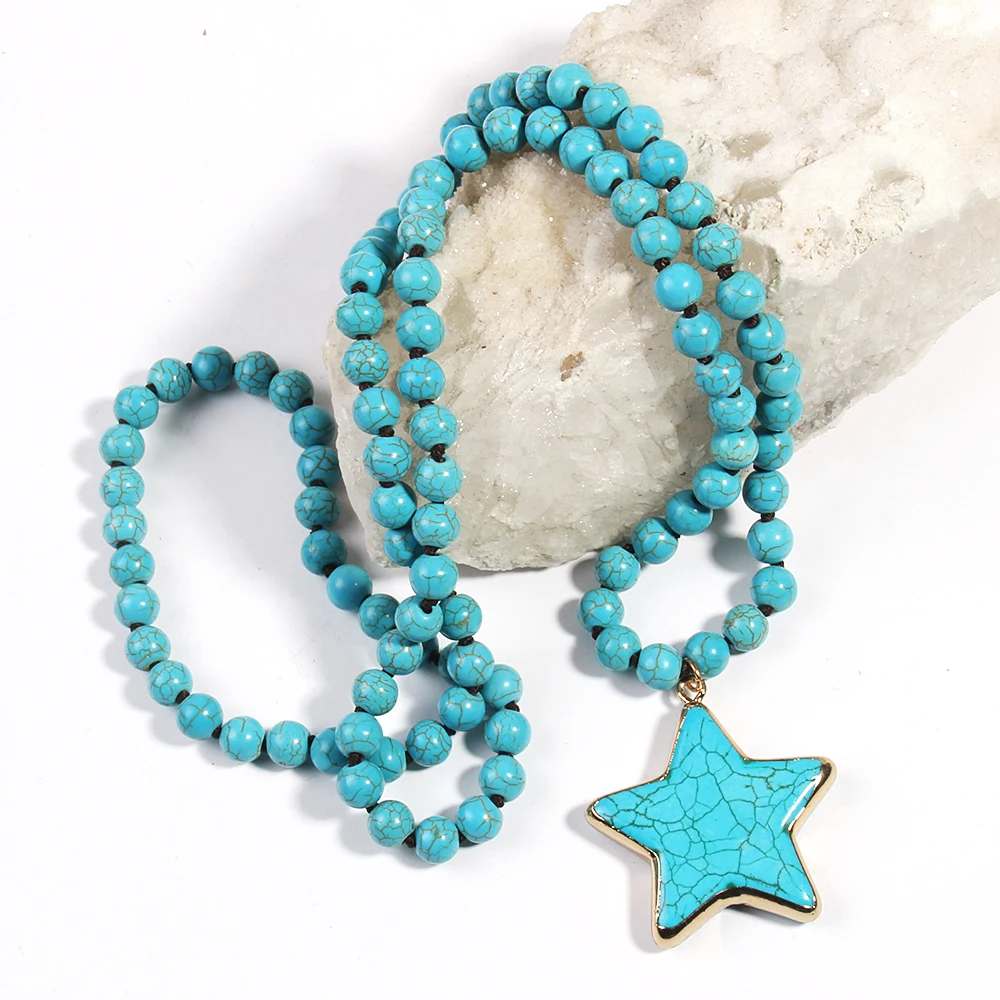 Fashion Bohemian Women Jewelry Turquoise/White Stone Long Knotted Necklace Star Pendant Necklaces for Women Gift