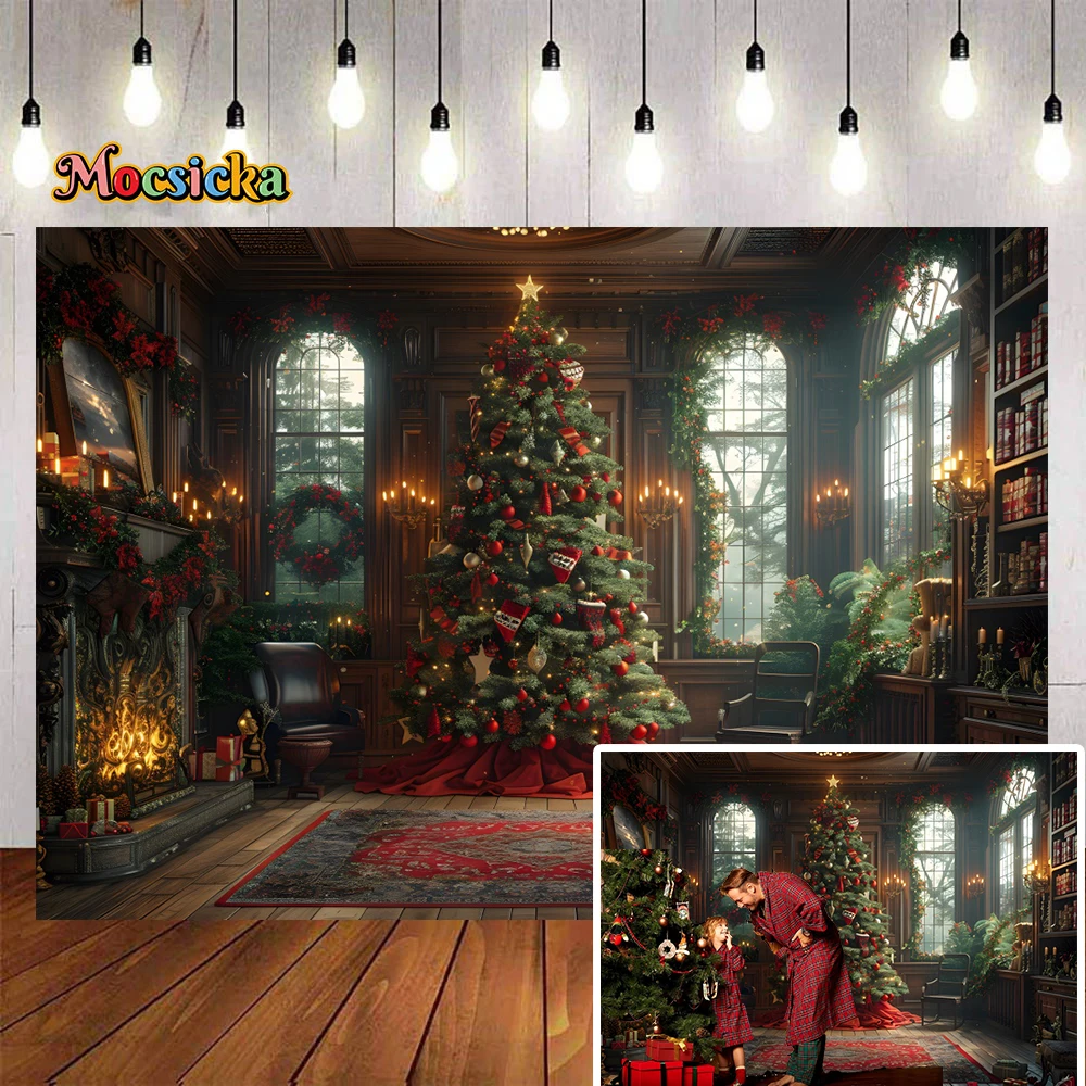 Mocsicka Christmas Room Photography Background Giant Xmas Tree Gift Window Fireplace Decor Backdrop Winter Kids Photo Studio