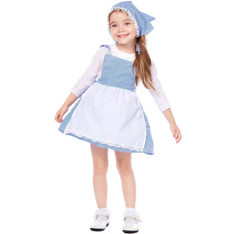 Хлопковый костюм для косплея Алисы с синей решеткой для девочек, костюм горничной в пасторальном стиле, платье для маленькой девочки на ферме, праздничный костюм, фотокостюм