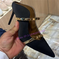 Sexy Double Straps Slippers for Women Satin Pointed Toe Mules High Heels Summer New Elegant Stilettos Party Banquet Dress Shoes