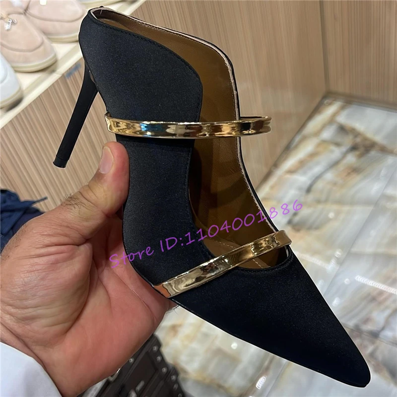 Sexy Double Straps Slippers for Women Satin Pointed Toe Mules High Heels Summer New Elegant Stilettos Party Banquet Dress Shoes