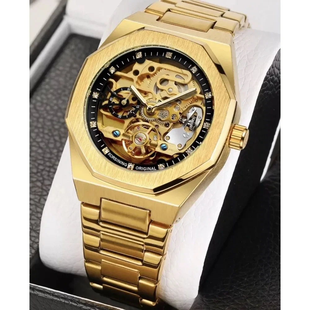 Men's Skeleton Automatical Self Wind Mechanical Luminous Luxury Stainless Steel Strap Octagon Shape Watch