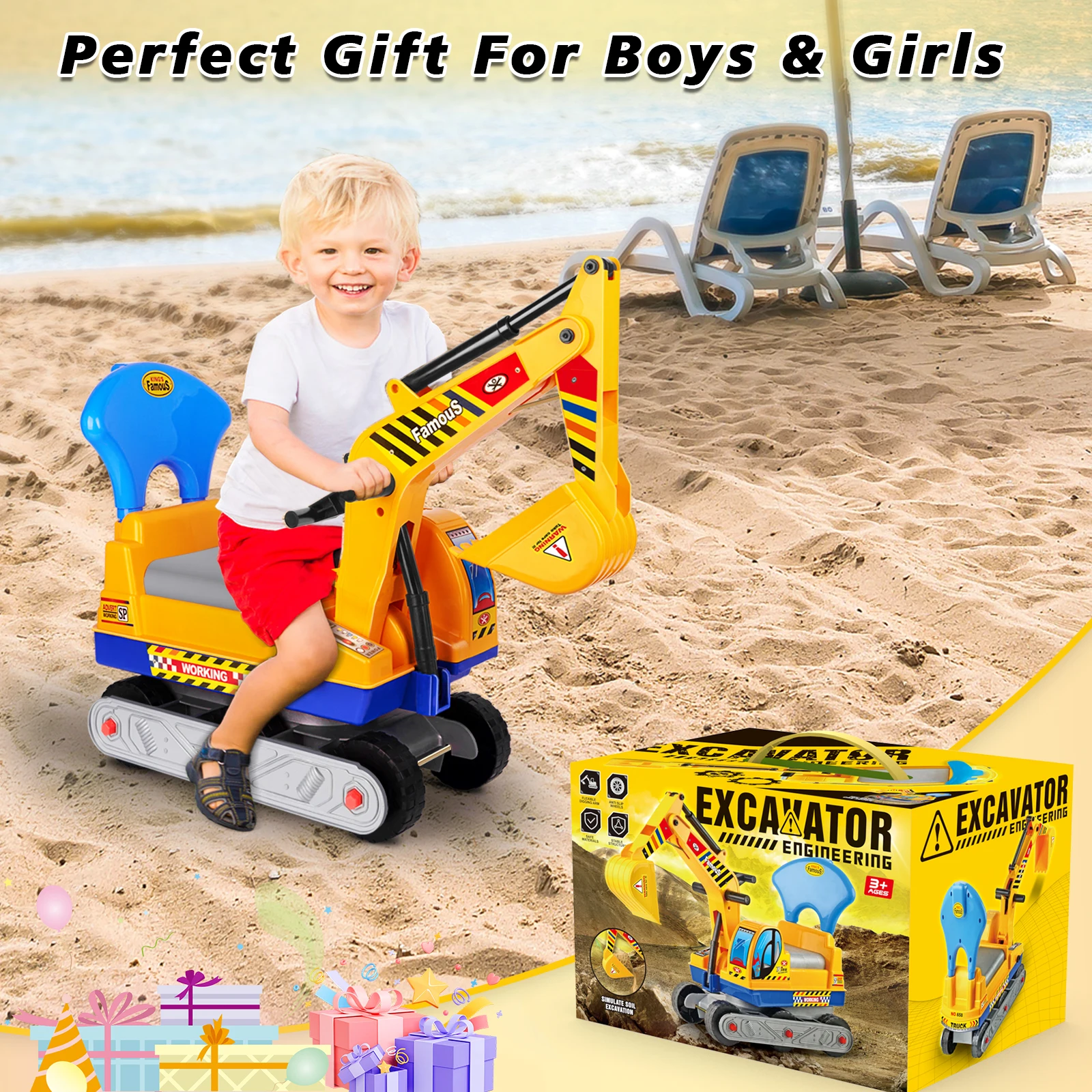 ของเล่นรถขุดแบบขี่ได้ พร้อมแขนขุดที่สามารถเคลื่อนไหวได้ ของเล่นสเก็ตบอร์ดเคลื่อนที่ ตะกร้าเก็บของรถบรรทุกก่อสร้าง รถของเล่น