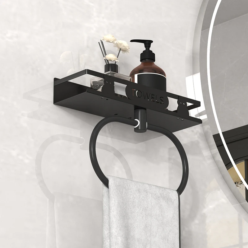 Bathroom Non Perforated Wall Mounted Towel Ring Storage Rack, Integrating Multifunctional Towel and Toiletries Storage Space