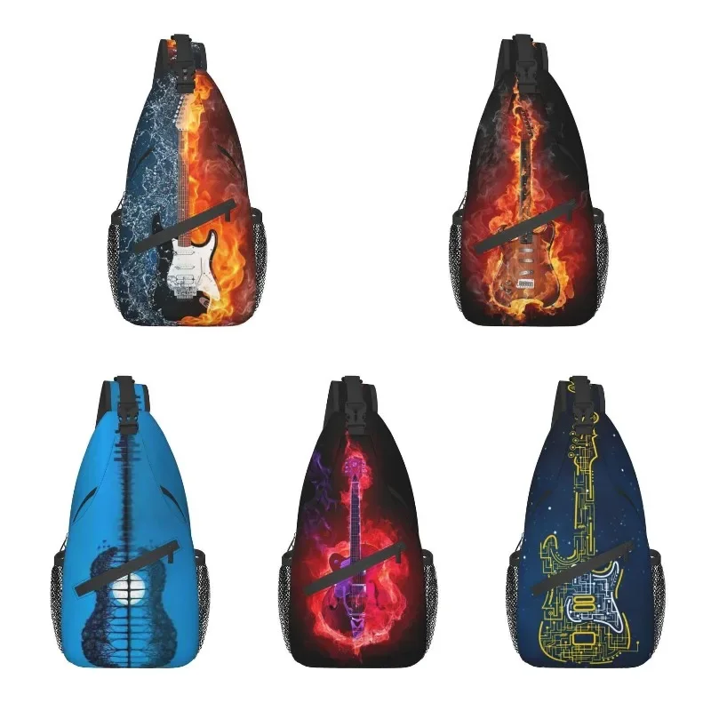 Fire And Water Guitar Sling Chest Bag Custom Rock Music Lover Crossbody Shoulder Backpack for Men Cycling Camping Daypack