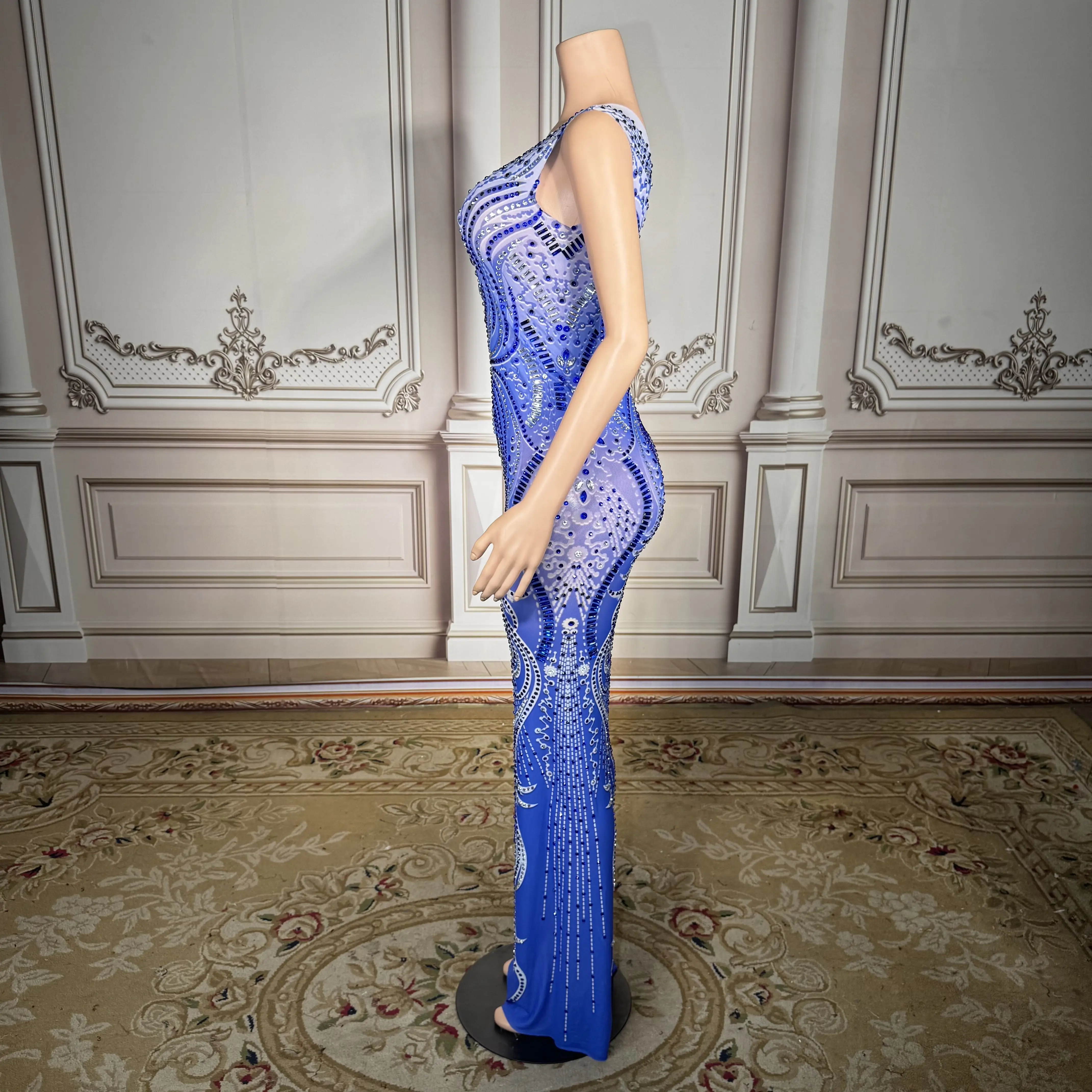 ZD Vestido de noche ajustado de cristal azul de lujo para mujer – Vestido largo de sirena con diamantes de imitación brillantes, formal elegante sin mangas