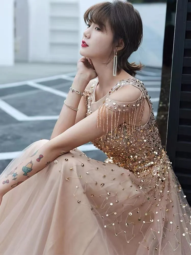 Abiti da sera in oro champagne O-Collo Nappe con paillettes Lady Girl Donna Principessa Banchetto Party Prom Performance Abiti da ballo di ballo