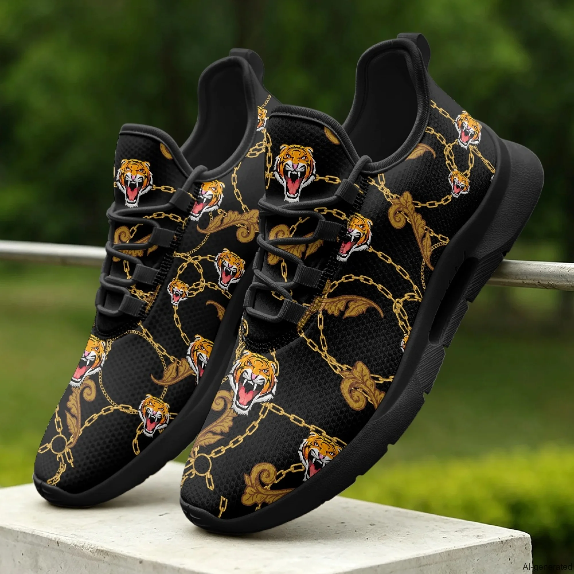 XIXIRIMIDO Lace-up Casual Shoes Men's Sneakers Breathable Mesh Walking Shoes Tiger Chain Print Women's Fashion Shoes 35-48