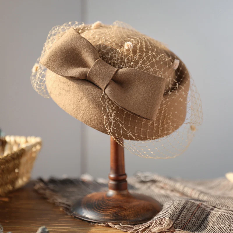 

100% Wool Fashion Cashmere Top Bow Hat with Veil Photography Cocktail Tea Party Decoration Autumn Winter Hat