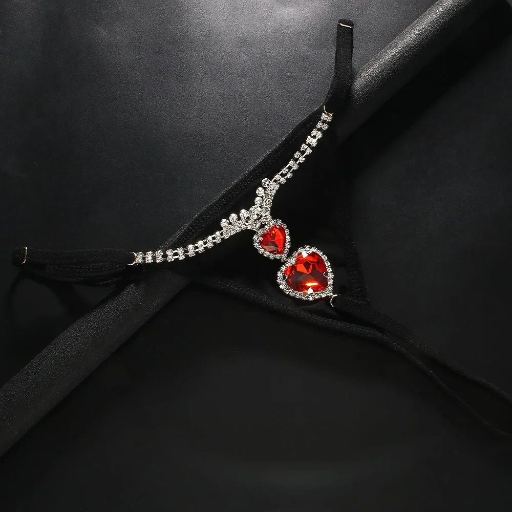 مثير الأحمر كريستال القلب ثونغ Gstring الأسود النسيج سراويل للنساء قابل للتعديل مطاطا حبل ثونغ حجر الراين الجسم سلسلة مجوهرات