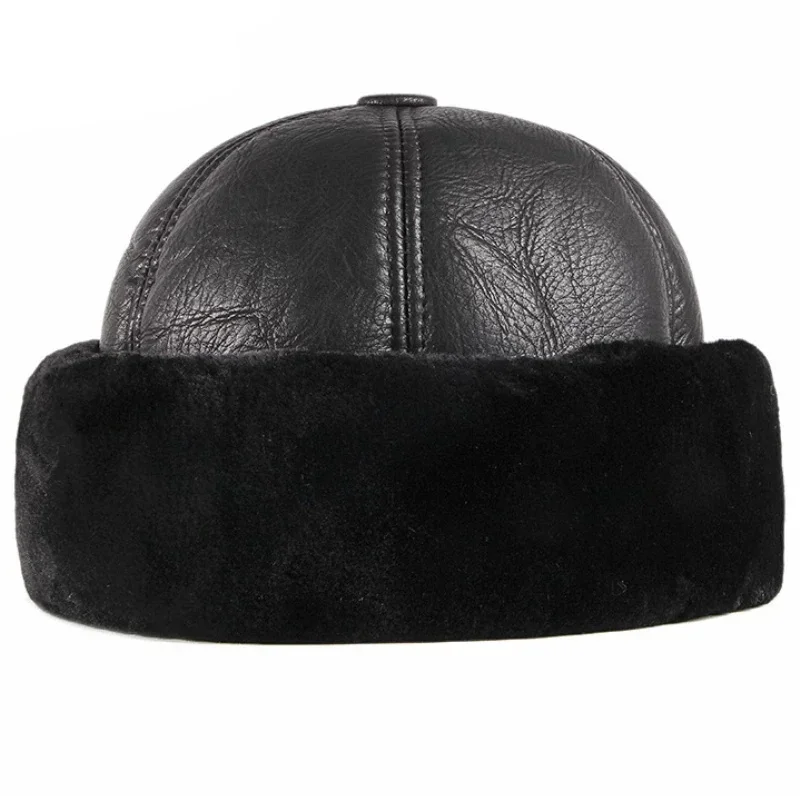 Thick Outdoor Warm Winter Hat Men Black Fur Leather Russian Male Windproof Snow Ski Cap Fleece Lined