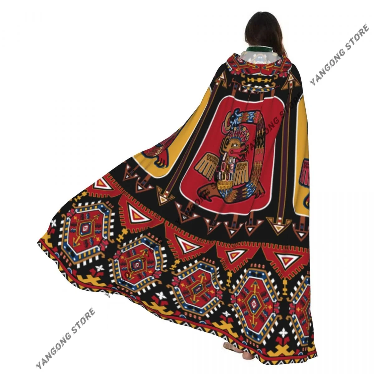 

Adult Halloween Aztec Mexican Pattern Cloak Cape Hooded Medieval Costume Full Length Dress Coat