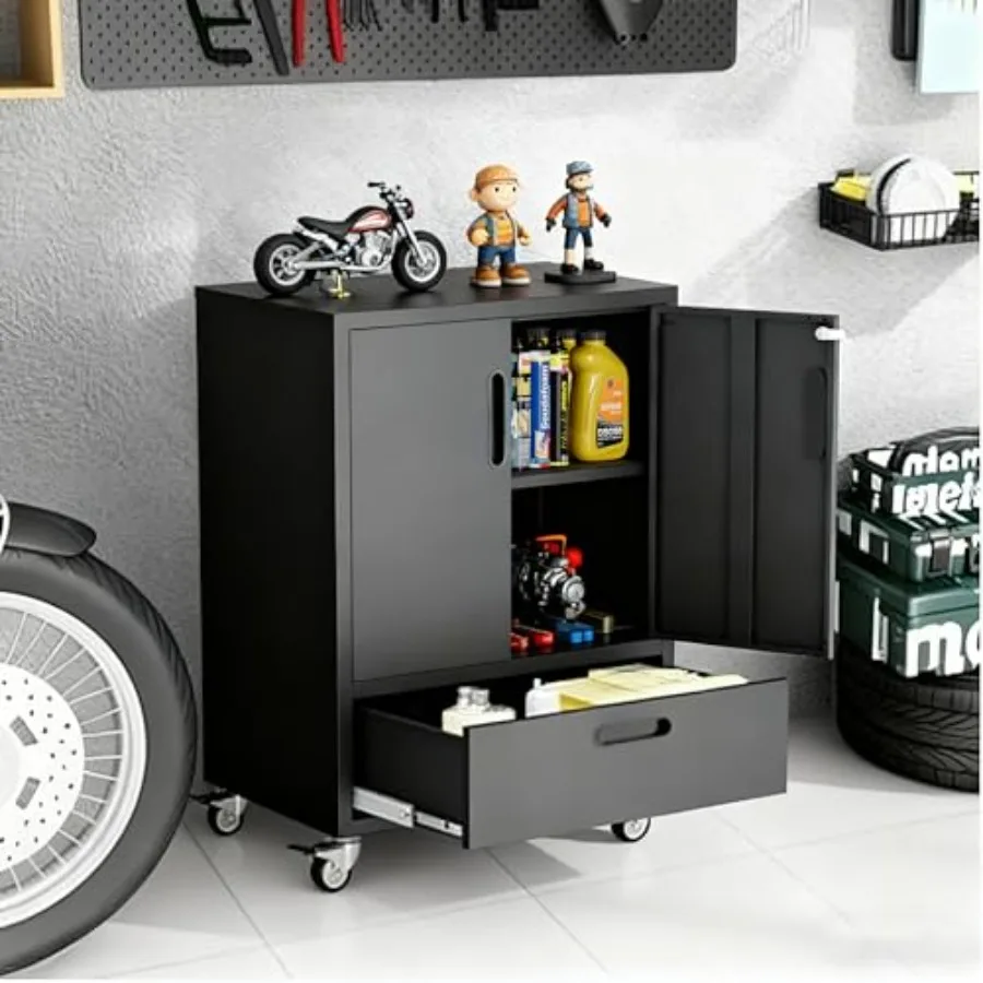 Garage Cabinets, Metal Garage Storage Cabinet with Wheels, Lockable Rolling Tool Cabinet with Drawer and Adjustable Shelves, He