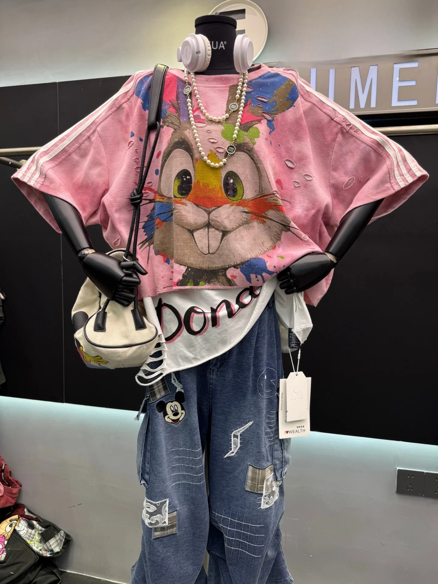 EUA Primavera Verano 2026 Nueva Camiseta de Manga Corta Holgada con Diseño de Conejo y Agujeros, Estilo Coreano, de Algodón, ...