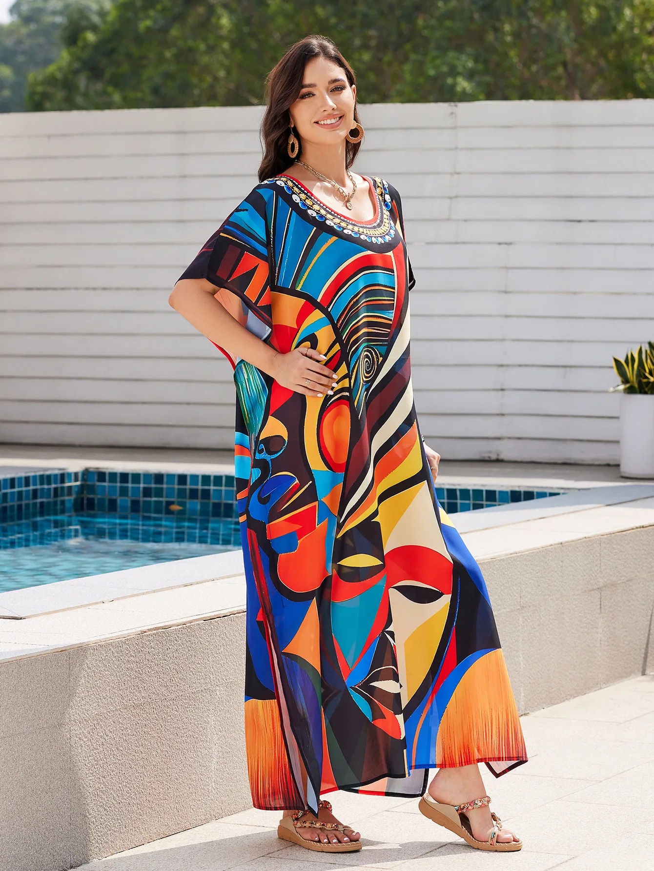 レディース Vネック バットウィングスリーブ カフタン ドレス 軽量 ビーチウェア 水着カバーアップ ムームー トロピカルバケーション用