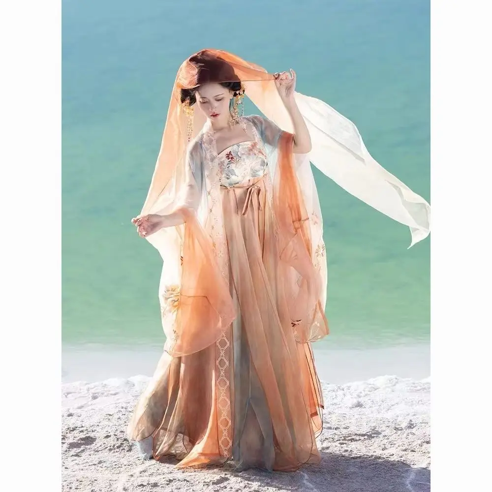 Hanfu embroidered pleated skirt flower gown big sleeve gradual color mesh printing female summer Chinese traditional style