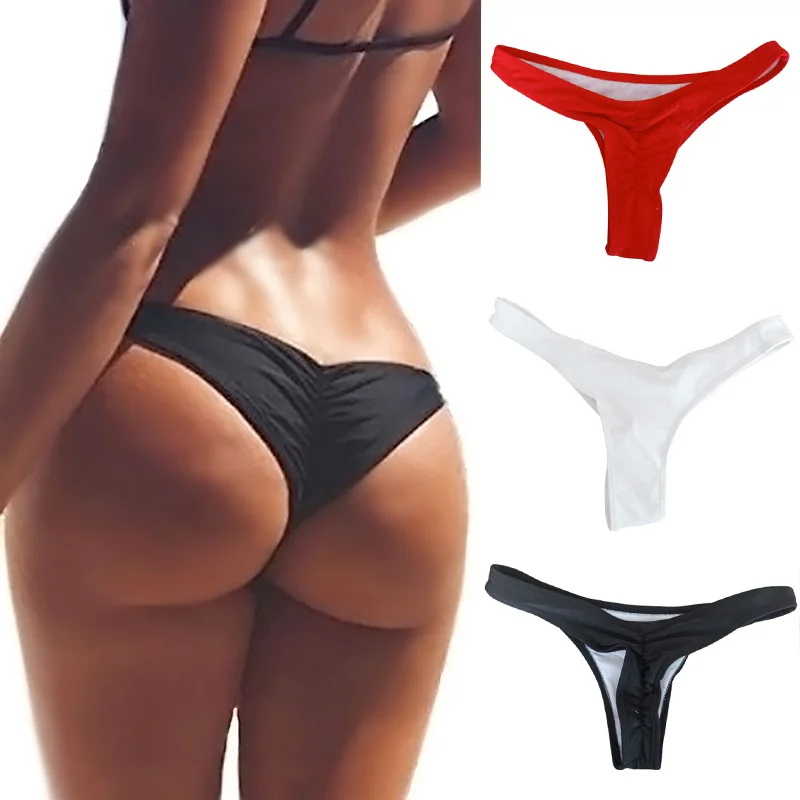 Women's Thong Swimwear Brazilian Briefs Beachwear Bikini Bottom Swimsuit Pleated