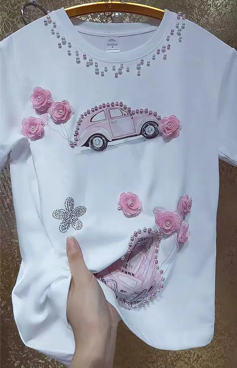 New In Y2K Cotton Tshirt Luxury Beaded Stitch Cars Graphic White T Shirts For Women Short Sleeve Tops Tees Camisetas