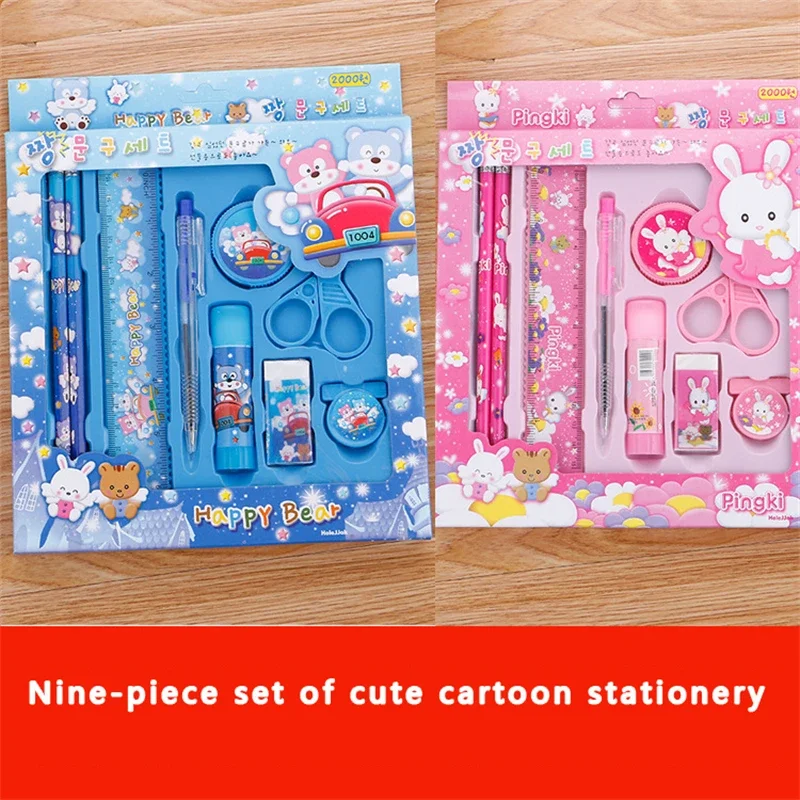 1 مجموعة الكرتون Kawaii قلم رصاص حاكم ممحاة مبراة 9 في 1 مجموعة أدوات مكتبية لصبي بنات أطفال هدية اللوازم المكتبية المدرسية هدية