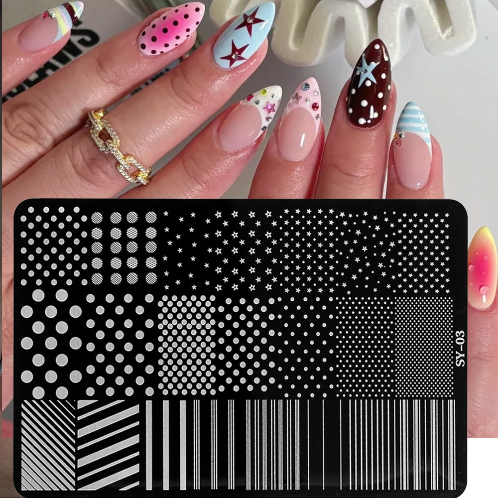 1pcs Stripe & Polka Dot & Star Nail Stamping Plate 14.5*9.5cm Strip Lines Dotting French Nail Template Stainless Steel Stencil#-