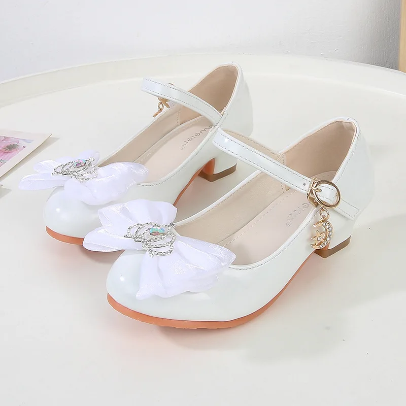 Elegant Children Girl Dance Dress Shoes Fashion Crown Bowknot Kids Leather Shoe Spring Wedding Princess High-heels Single Shoes