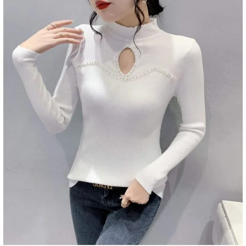 Women\'s Base Shirt Sexy Half High Neck Pearl Knit Sweater Korean Version Hollowed Out Sweater with New Top Underneath