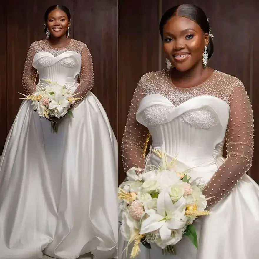 Customized Plus Size Mermaid Dress Bride Detachable Train Bridal Illusion Long Sleeves Pearls Satin Wedding Gowns For Africa