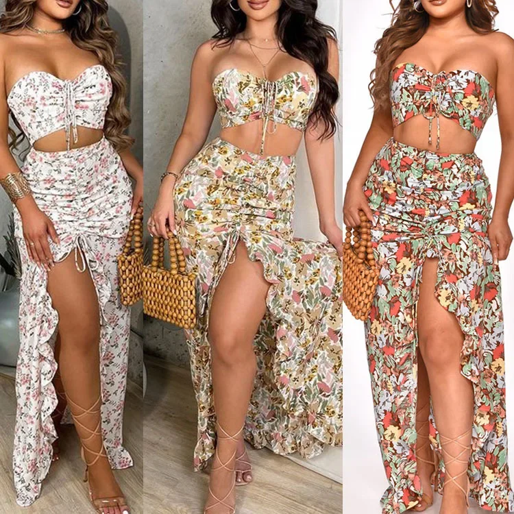 Long Skirt Suit Party Outfits Fashion Printed Two Piece Set Summer Women\'s Set Strapless Sleeveless Top Elegant Ruffled Dresses