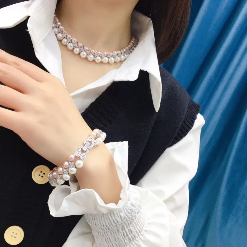 065 Natural Freshwater Set for Women Double Layer White Pink Pearl Necklace Bracelet Fashionable Elegant 135