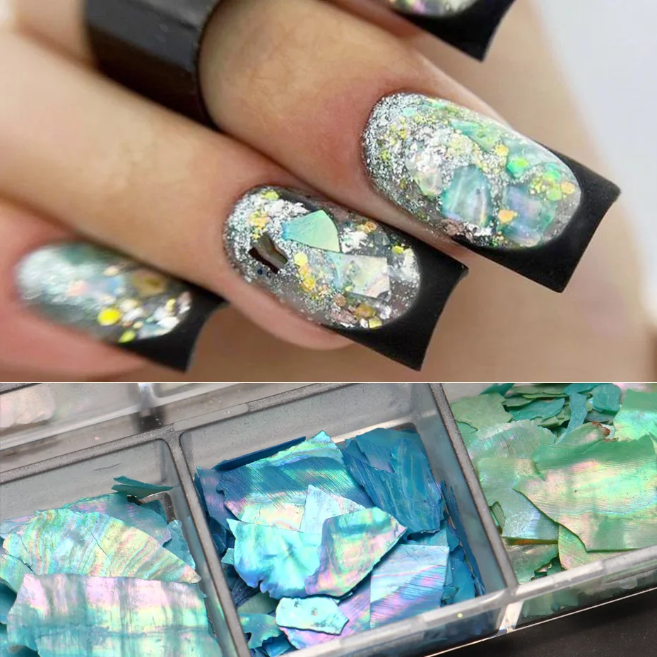 12 siatka brokat płatki muszli Abalone do zdobienia paznokci dekoracje 3D Charms wiosenne letnie plastry DIY Manicure błyskotka akcesoria — zdjęcie 3