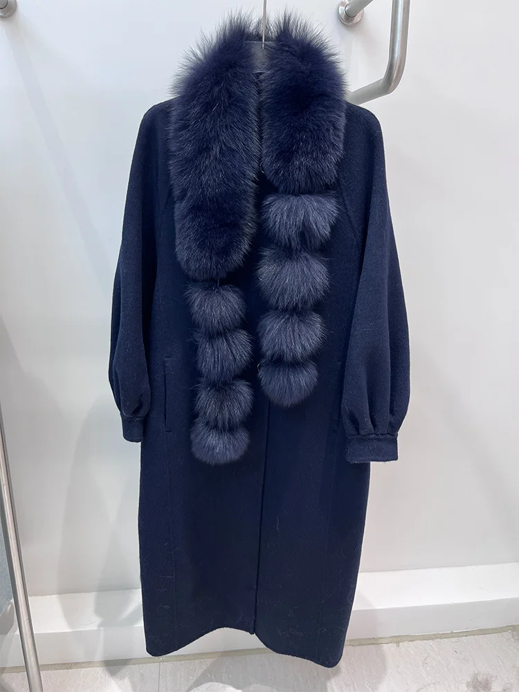 Zimowa kurtka z prawdziwego futra damska długa kaszmirowa wełniana płaszcz z naturalnym kołnierzem z futra lisa szal luksusowa gruba odzież wierzchnia damska