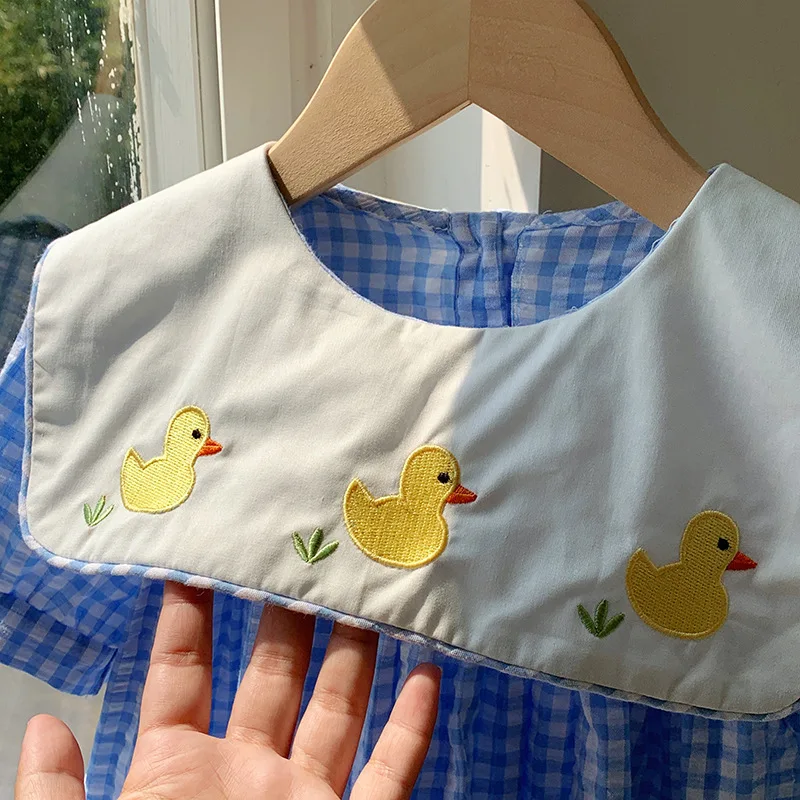 HOT Y2K Style Girls Dress with Embroidered Duck Collar Bubble Sleeve Plaid Skirt Short Sleeve Children's Clothing Summer 2026