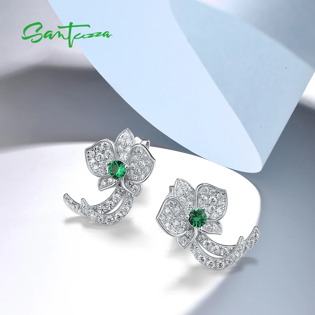 SANTUZZA Genuine 925 Sterling Silver Stud Earrings For Women Sparkling White CZ Green Spinel Orchid Flower Delicate Fine Jewelry image 4