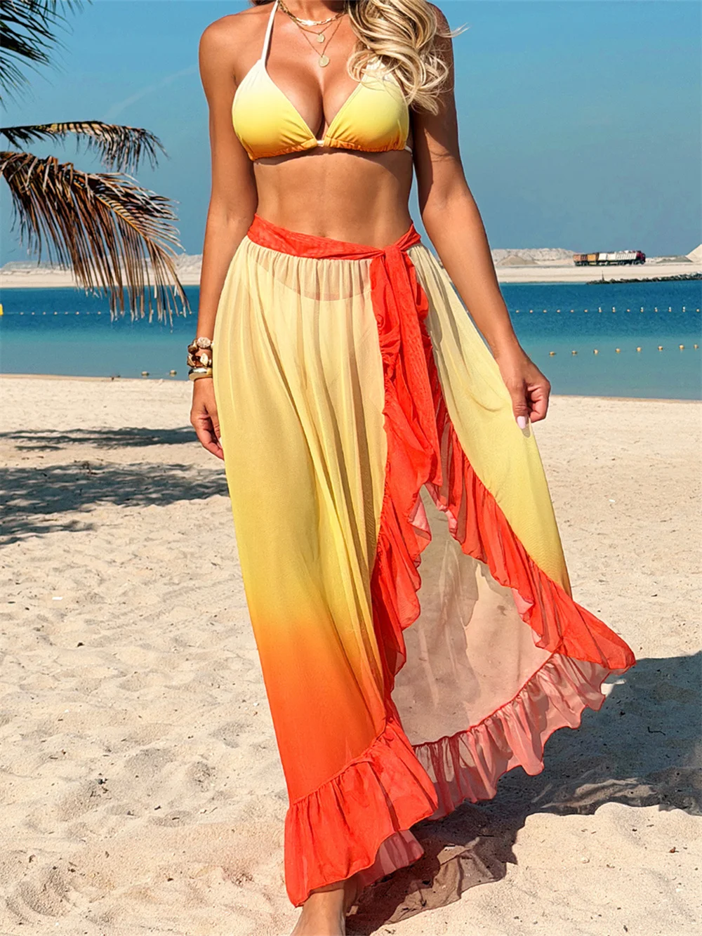 Sexy Gradient Ruffled Bikini Cover Ups 3 Piece Micro String Backless Swimsuit High Slit Skirt Women Mesh Swimwears Beach Outfits