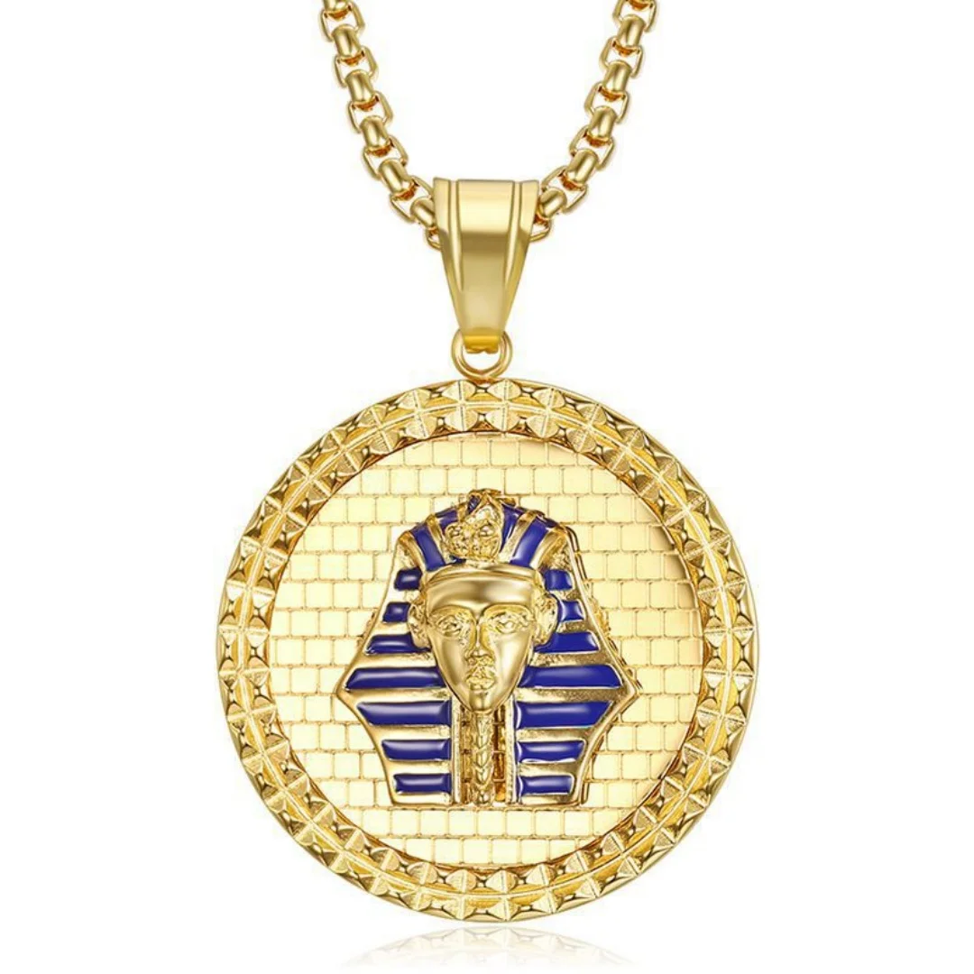 

Ancient Egypt Big Pharaoh Head Pendant Mens Gold Color Stainless Steel Chain Round Necklace for Man Egyptian Jewelry Dropshiping