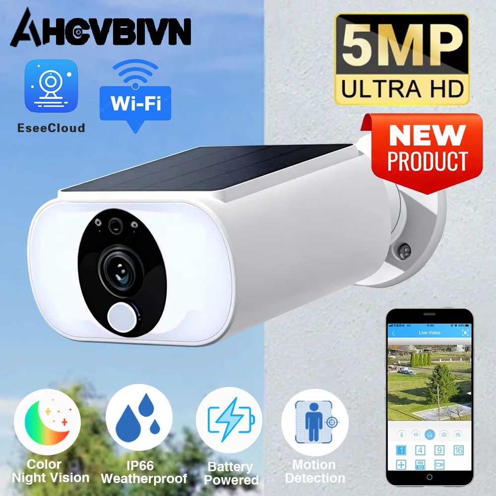 

5-мегапиксельная солнечная камера, Wi-Fi, уличная беспроводная камера безопасности, ультра время ожидания, PIR, умный цветной светильник, ночное видение, AI, обнаружение батареи, камера