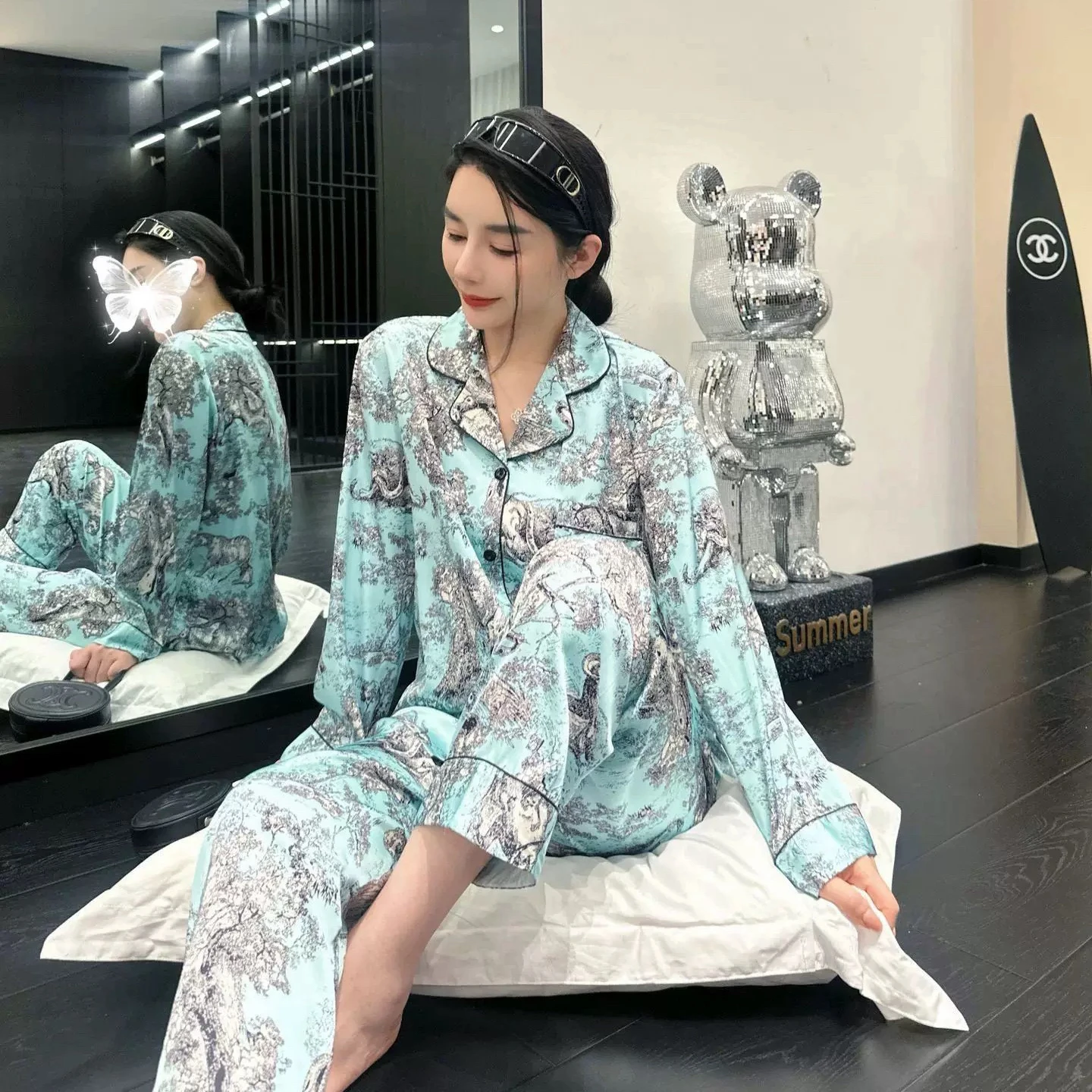 春秋水彩画中国風レディースパジャマ超豪華長袖アイスシルクホームウェア2025新作夏