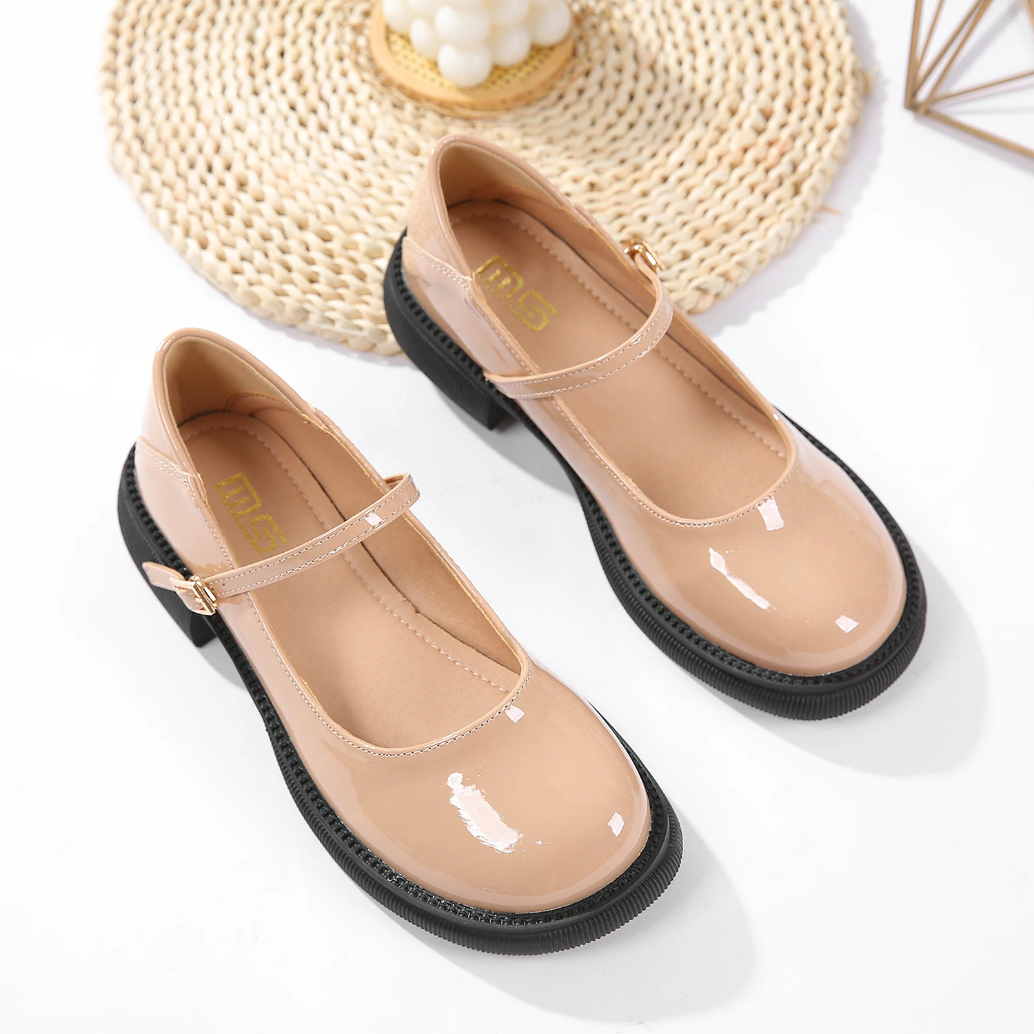 Thick-soled Mary Jane shoes round head 2024 summer new low-heeled flat shoes women's small leather shoes College style