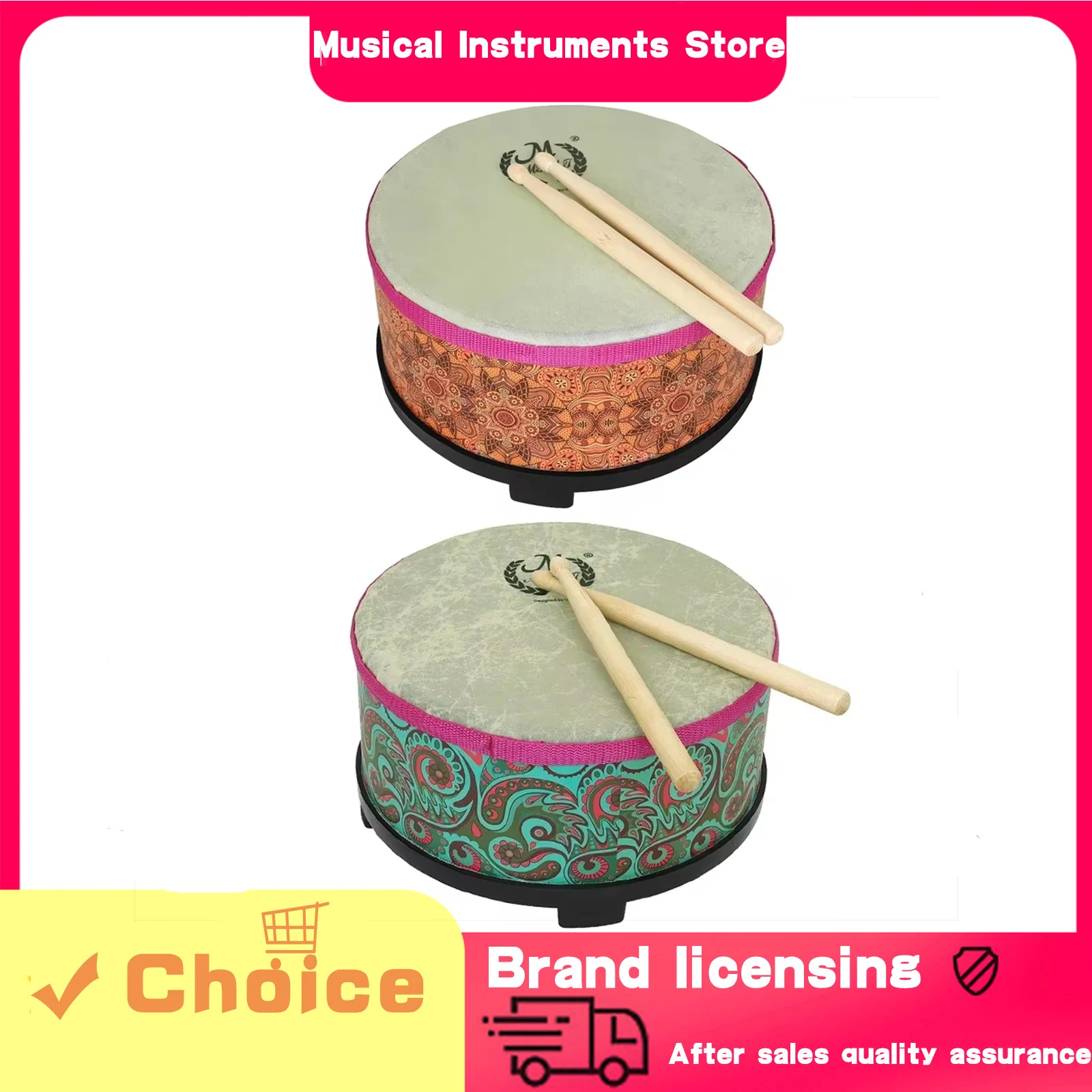 Alto Ground Drum 10 Inch Drum Sheepskin Solid Wood Percussion Musical Instruments Mid-range Drum Tambourine with Drumsticks