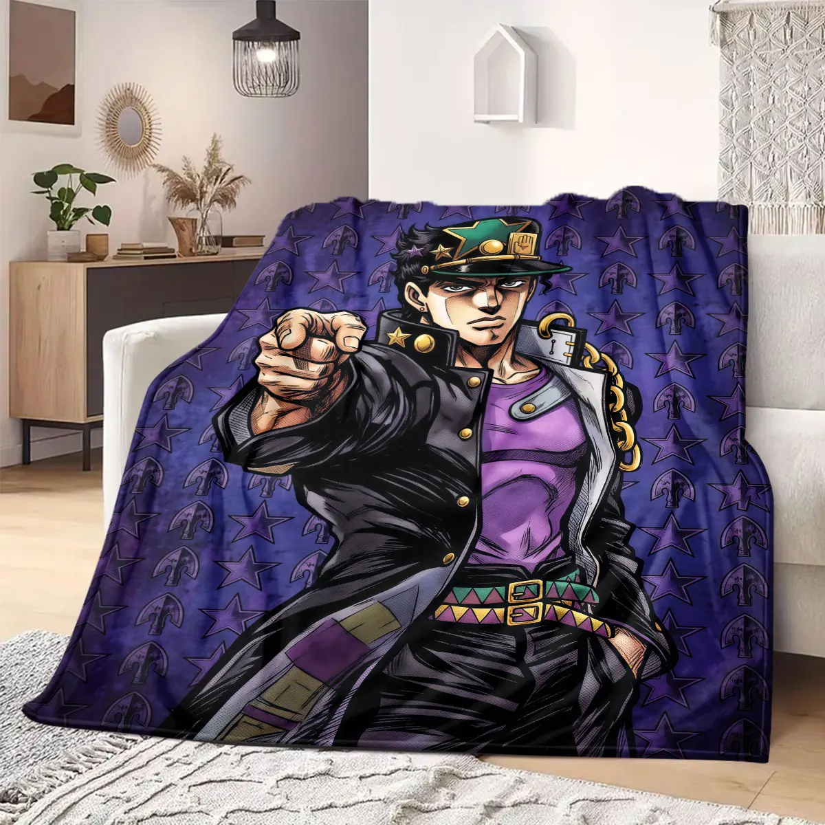 JOJO's Bizarre Adventure Cartoon-Flanelldecke, bedrucktes Muster für Sofa und Bett, warme, bequeme Nickerchendecke für Picknick_LIAN