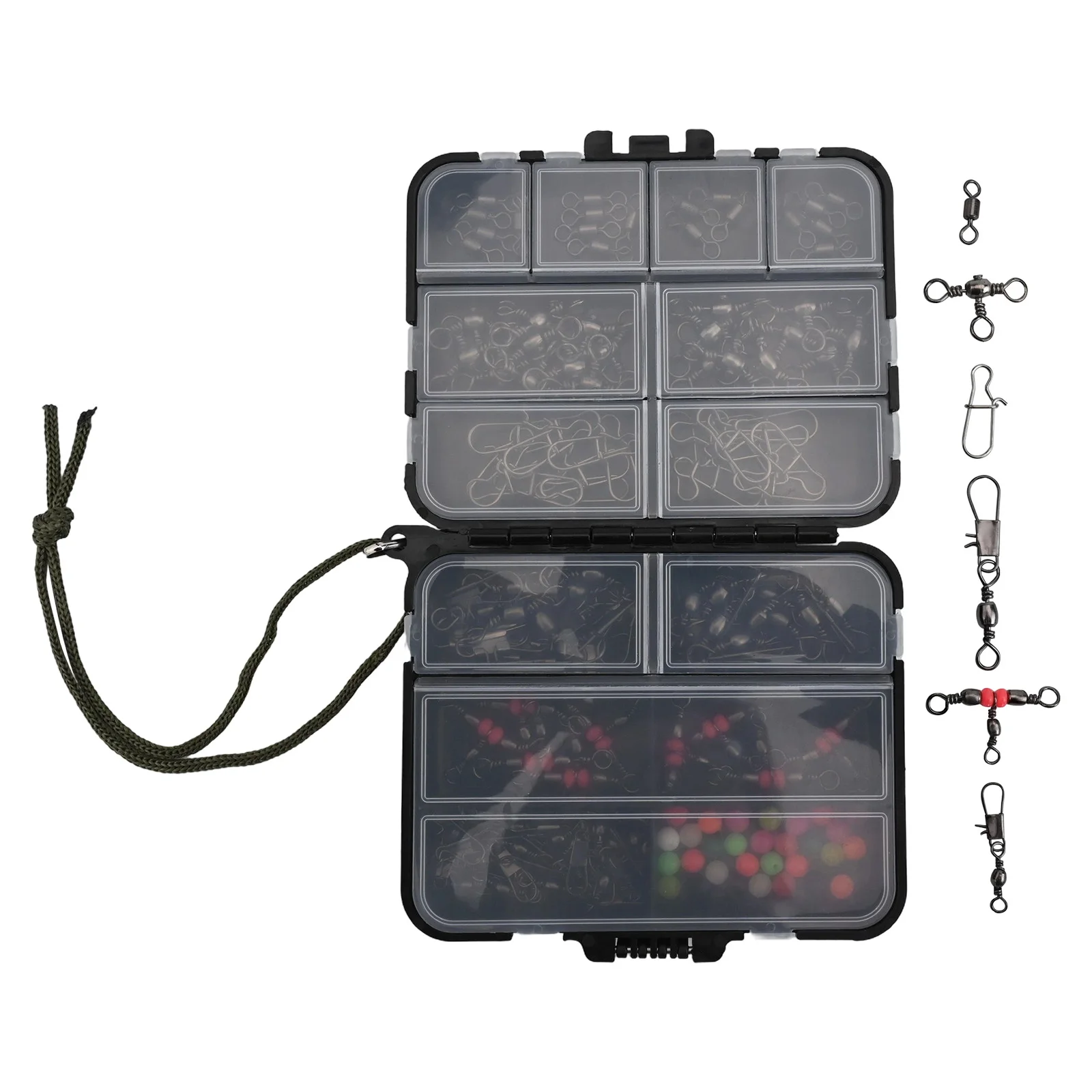 

Набор рыболовных инструментов из 140 предметов, включая вертлюги с защелкивающимися бусинами и разъемами для центрального пропуска в компактном ящике для хранения