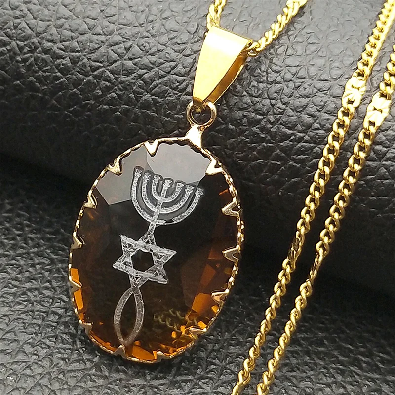 الشمعدان ستار ديفيد اليهودية ماجن يهوديكا العبرية الزجاج قلادة للنساء الرجال الفولاذ المقاوم للصدأ إسرائيل الإيمان مصباح مجوهرات هانوكا