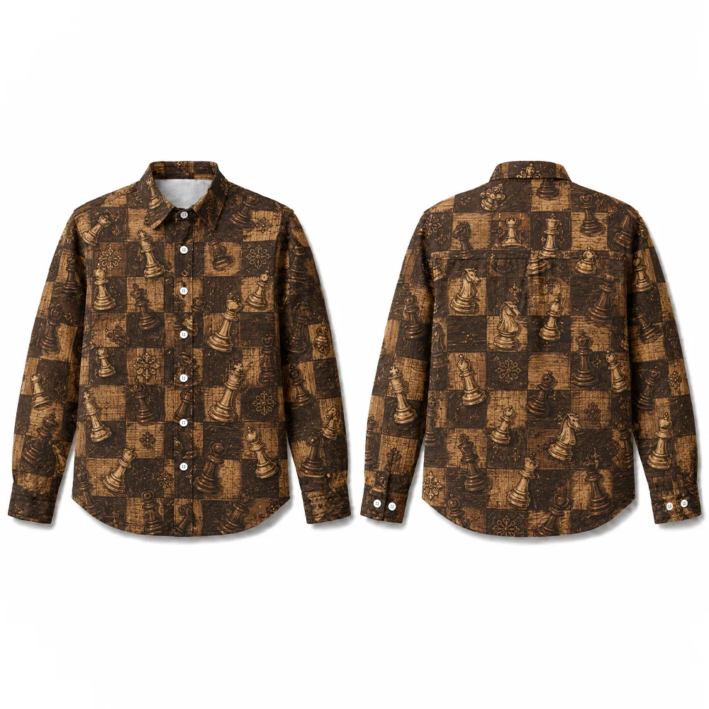 Men Chess Pieces Print Long Sleeve Shirt Unique Vintage Casual Streetwear Fashion Daily Vacation Cozy Cotton Button Down Blouse
