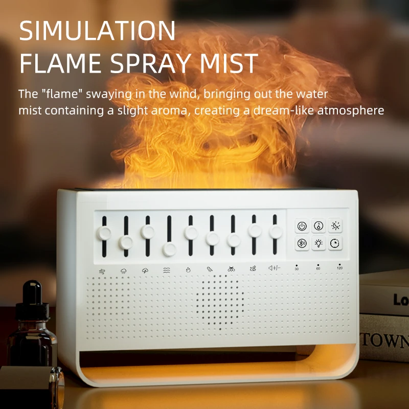 3in1 Flame Air Diffuser Humidifier Ultrasonic Aromatherapy 8 White Noise Combination & Bluetooth Music Player Household Electric