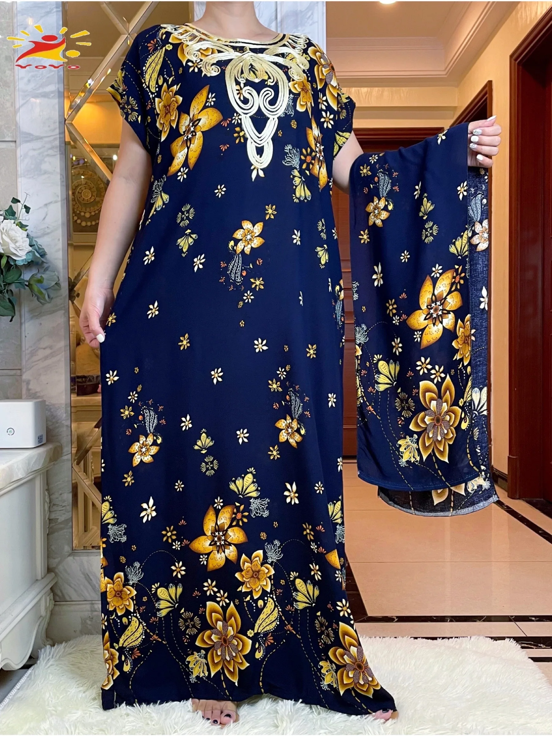 2022 Short Sleeve 2 Pieces African Dashiki Floral Printing Solid Cotton Loose Caftan Lady Summer Maxi Casual Dresses Vestidos