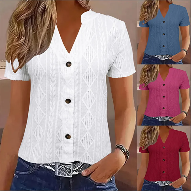 

Ladies White Blouses 2025 Summer Fashion Women's Tops Casual Solid Color Button V-Neck Short Sleeve Shirts Loose Female Clothes